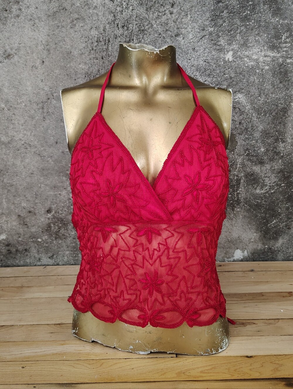 Whimsy Y2K Beaded Mesh Fairycore Halter Tie Back Tank Top Women's Small Medium